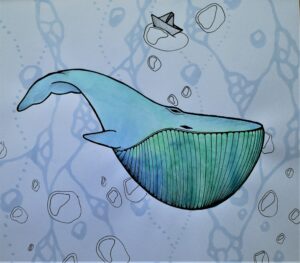 Machins trucs chouettes - Anne aquarelle, dessin baleine, traits noirs, petit bateau sur une bulle
