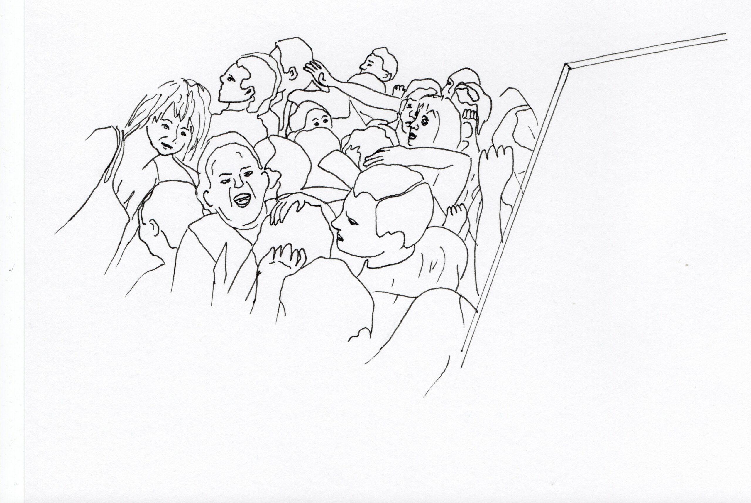 Machins trucs chouettes - Anne Dessin crayon noir, Intenable groupe de musique, foule en folie, sortir par la porte