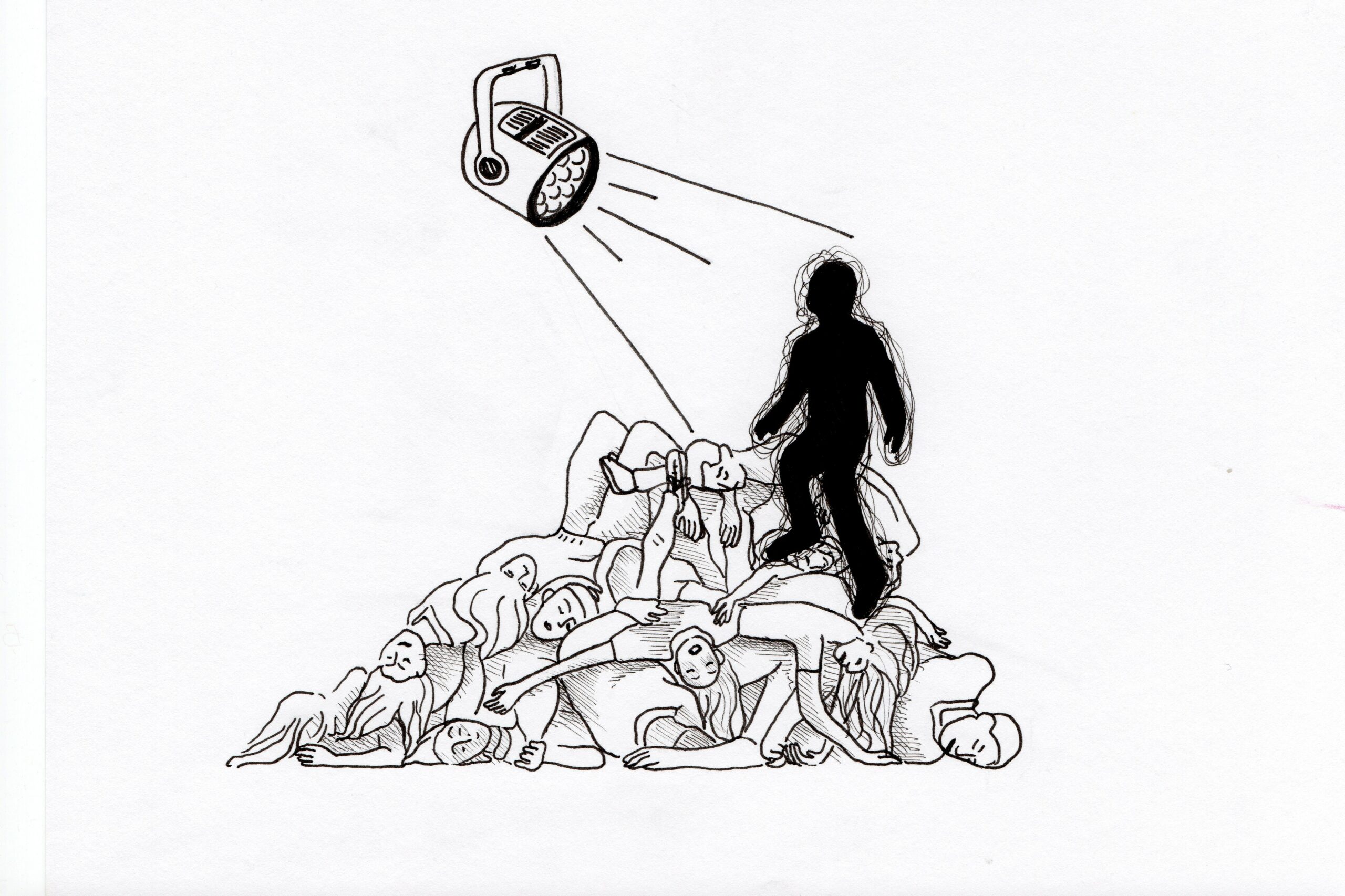 Machins trucs chouettes - Anne Dessin crayon noir, Intenable groupe de musique, projecteur sur un monstre, écraser les corps