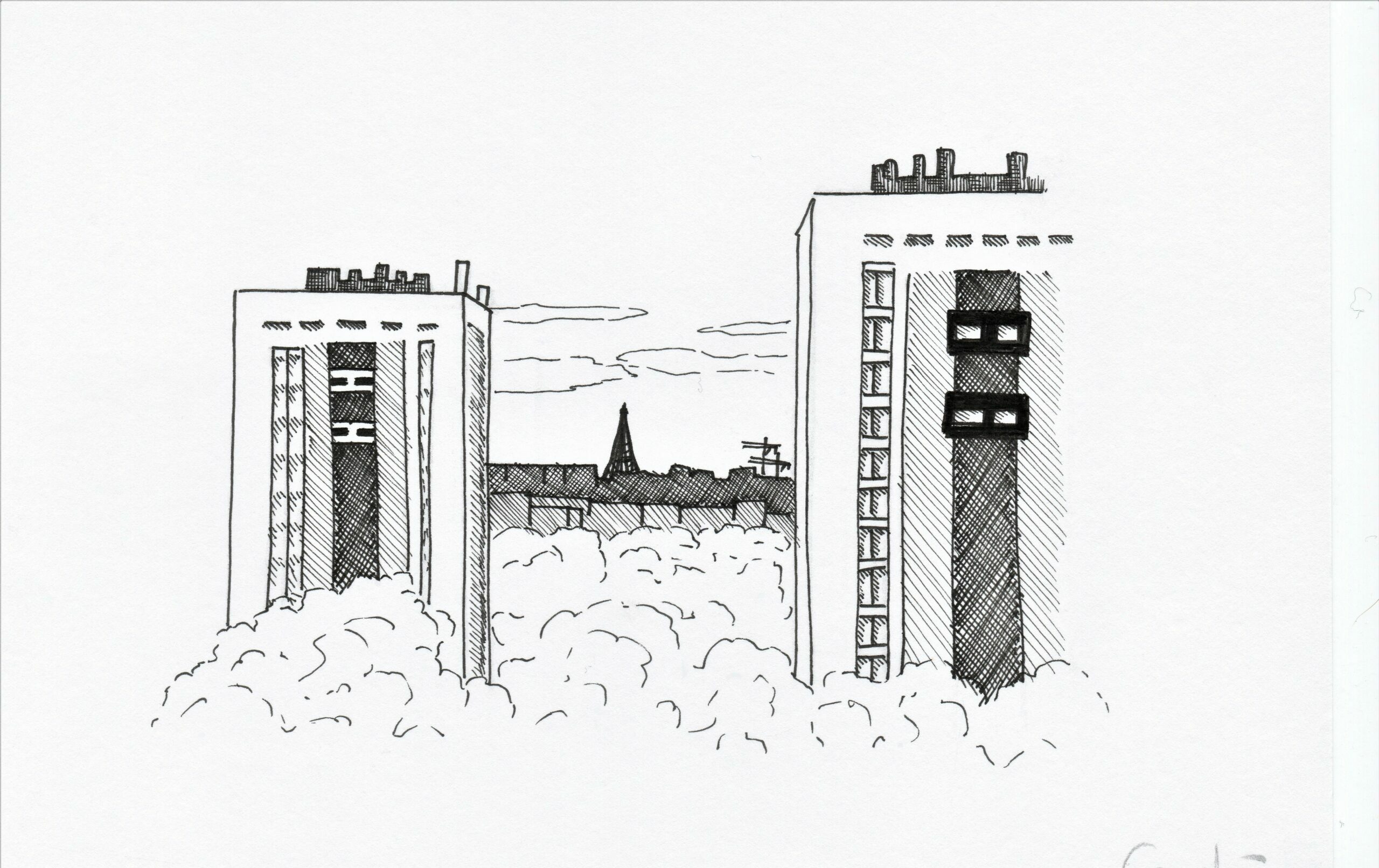 Machins trucs chouettes - Anne Dessin crayon noir, Intenable groupe de musique, paris, tour Eiffel, arbres et immeubles